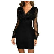 knqrhpse Homecoming Dresses,Wedding Guest Dresses for Women Wonen Sequins New 2019 Summer Female Black Retro Elegant Party Culb Dress Black Dresses for Women Womens Dresses Black L